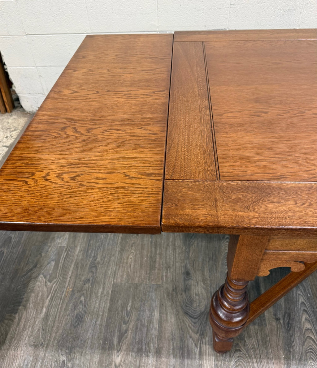 Vintage Old English Tudor Jacobean Revival Style Oak Draw Leaf Dining Table