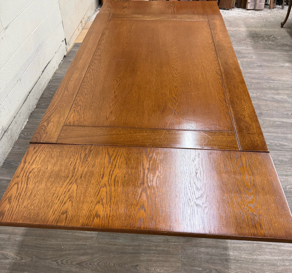 Vintage Old English Tudor Jacobean Revival Style Oak Draw Leaf Dining Table