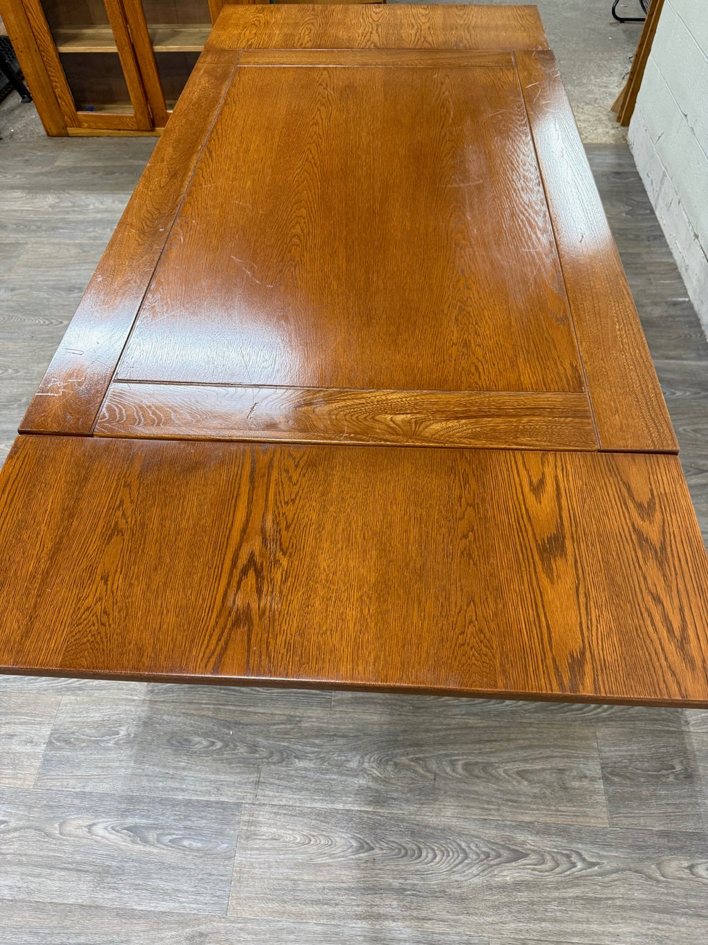 Vintage Old English Tudor Jacobean Revival Style Oak Draw Leaf Dining Table