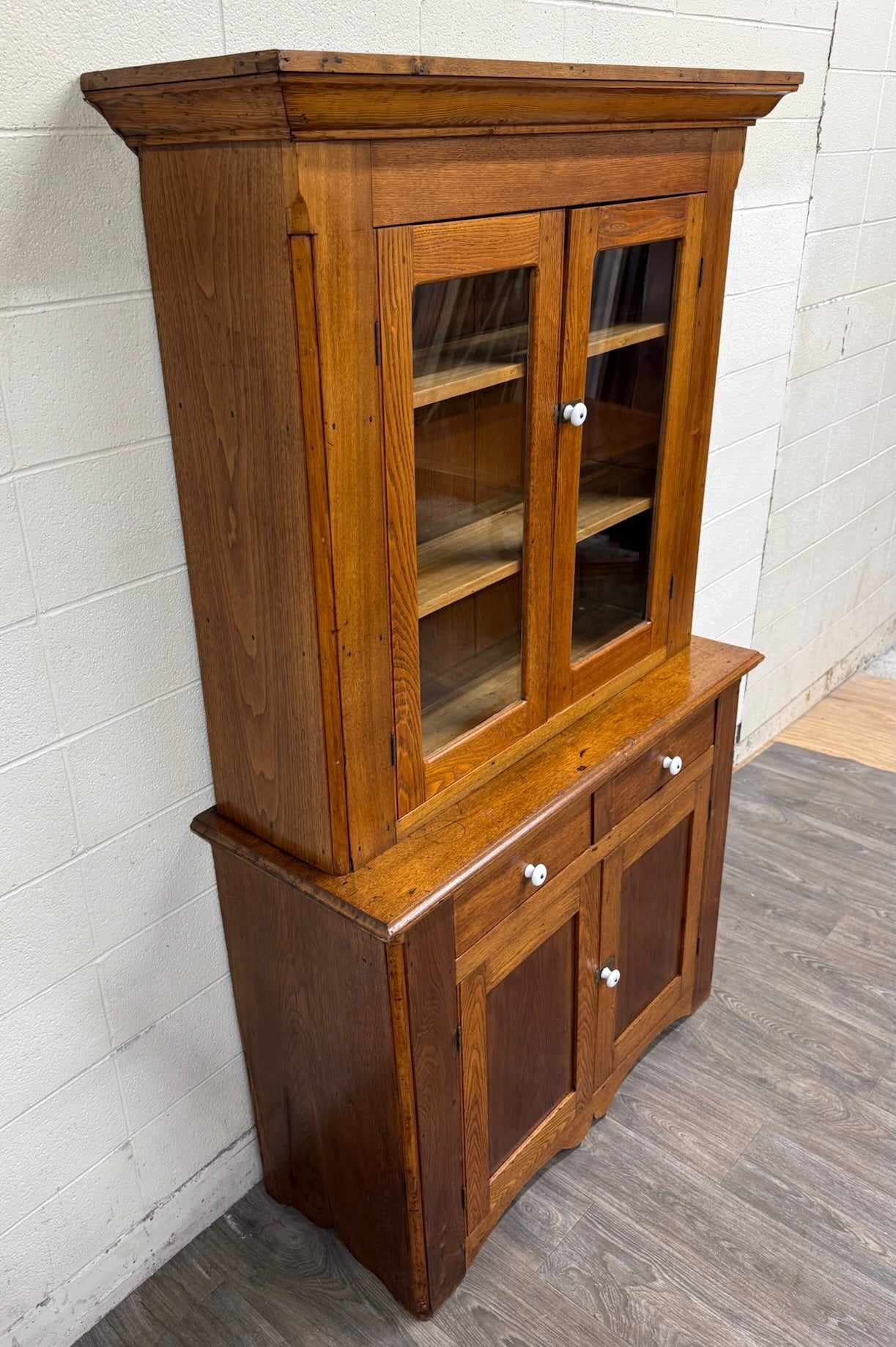 Antique American Primitive Farmhouse Solid Oak Step Back Cupboard