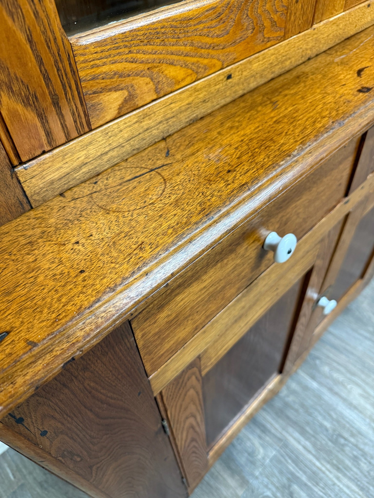 Antique American Primitive Farmhouse Solid Oak Step Back Cupboard