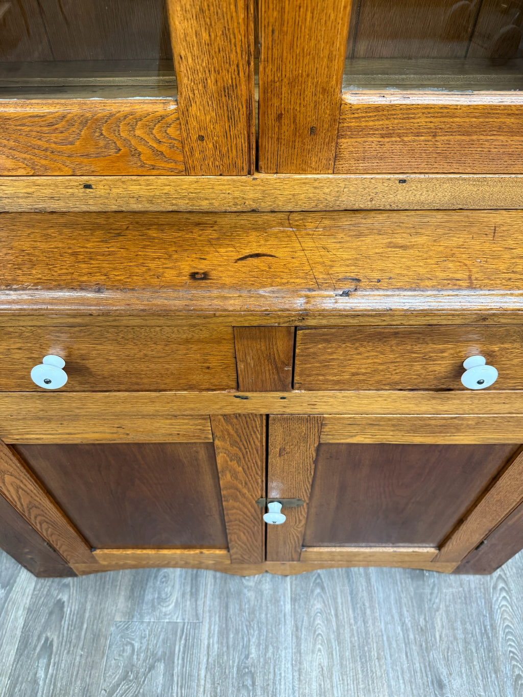 Antique American Primitive Farmhouse Solid Oak Step Back Cupboard