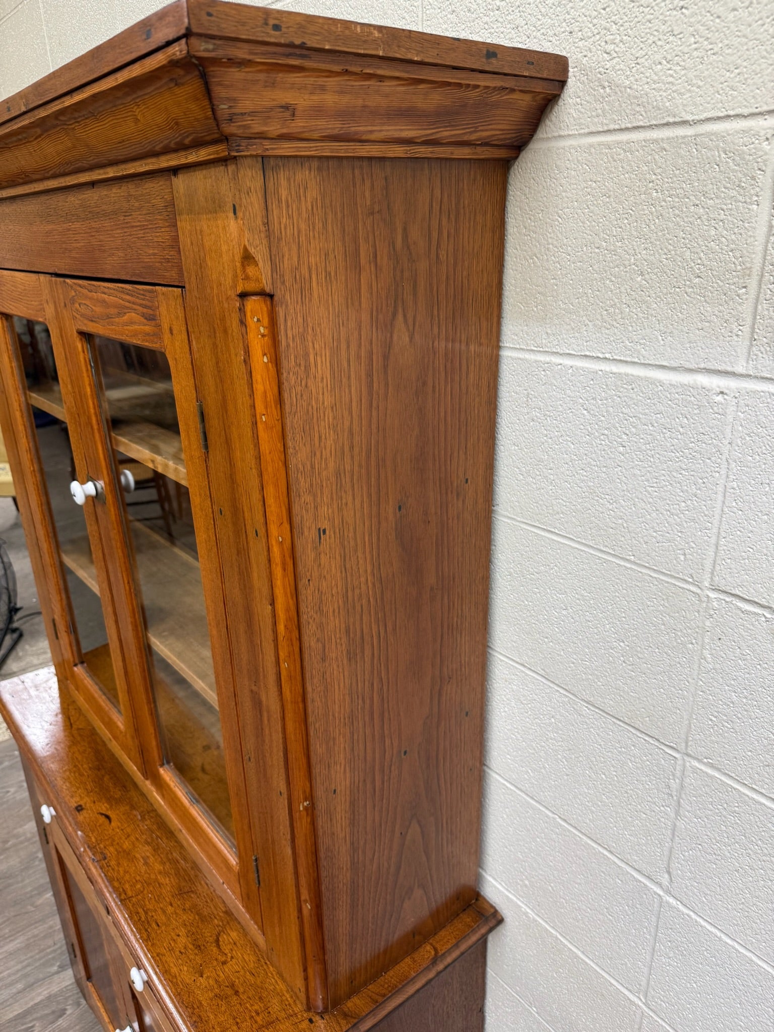 Antique American Primitive Farmhouse Solid Oak Step Back Cupboard