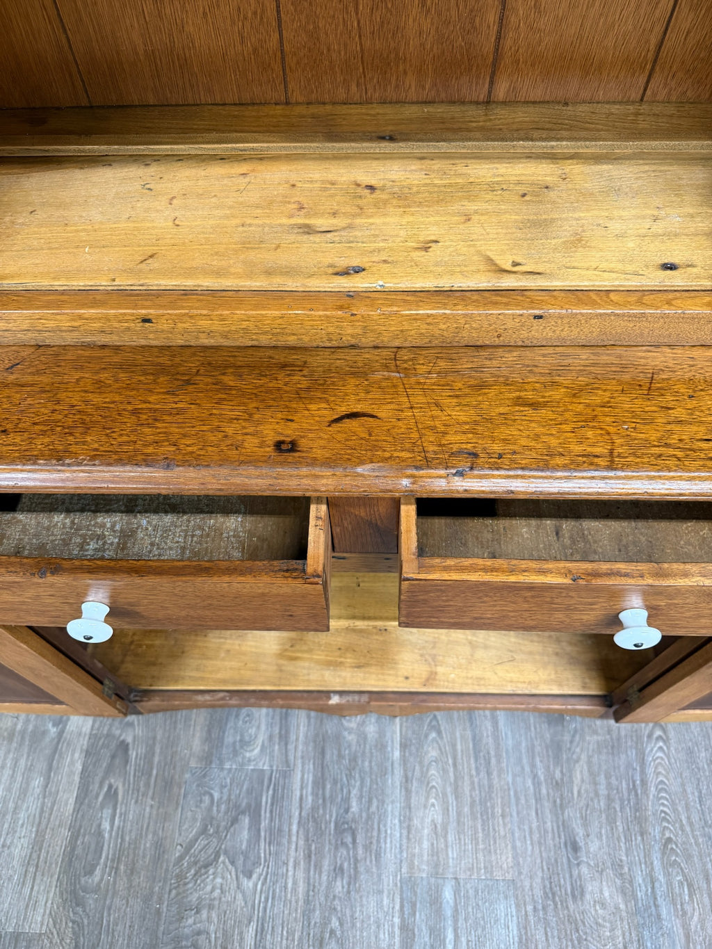 Antique American Primitive Farmhouse Solid Oak Step Back Cupboard