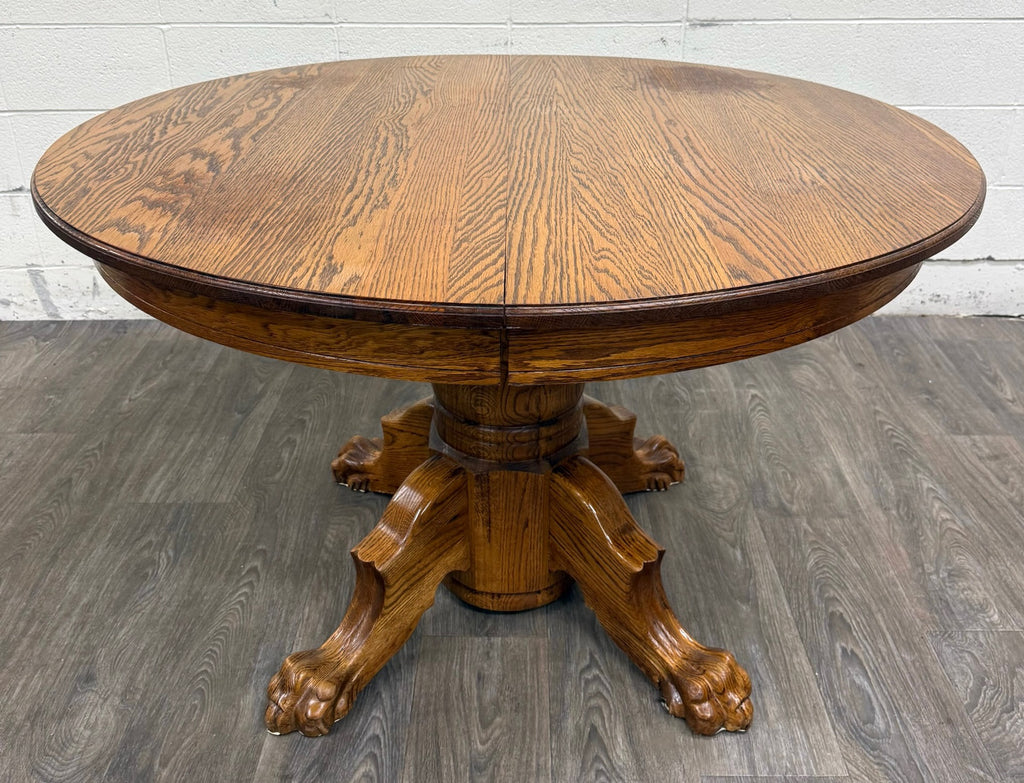 Vintage 48 Inch Round Quarter Sawn Oak Lion Paw Claw Foot Pedestal Dining Table
