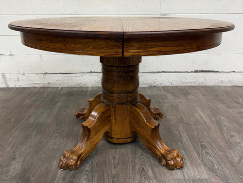 Vintage 48 Inch Round Quarter Sawn Oak Lion Paw Claw Foot Pedestal Dining Table