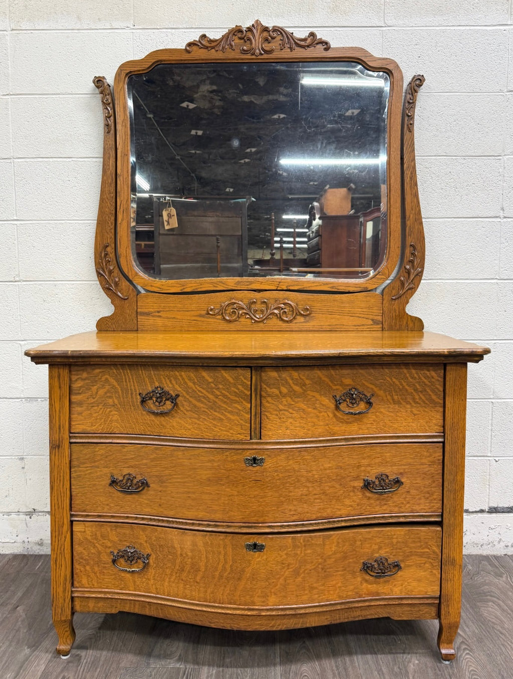 Antique Victorian Tiger Oak Serpentine Dresser with Beveled Mirror