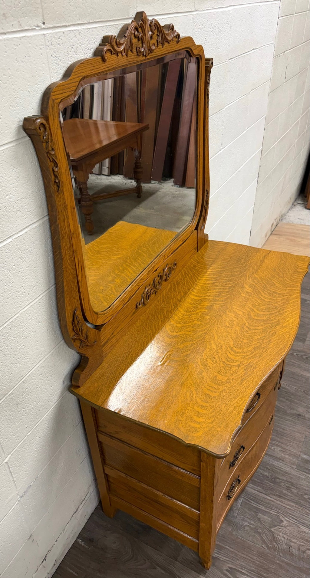 Antique Victorian Tiger Oak Serpentine Dresser with Beveled Mirror