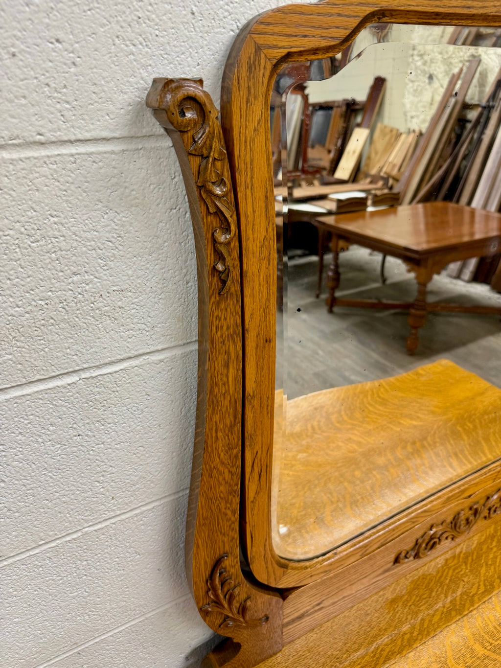 Antique Victorian Tiger Oak Serpentine Dresser with Beveled Mirror
