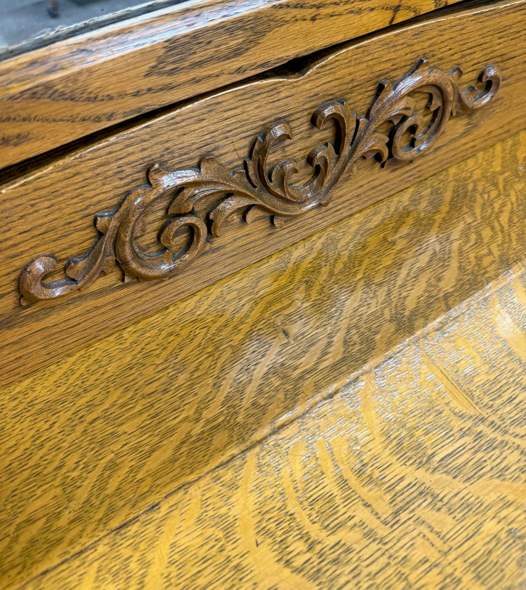 Antique Victorian Tiger Oak Serpentine Dresser with Beveled Mirror