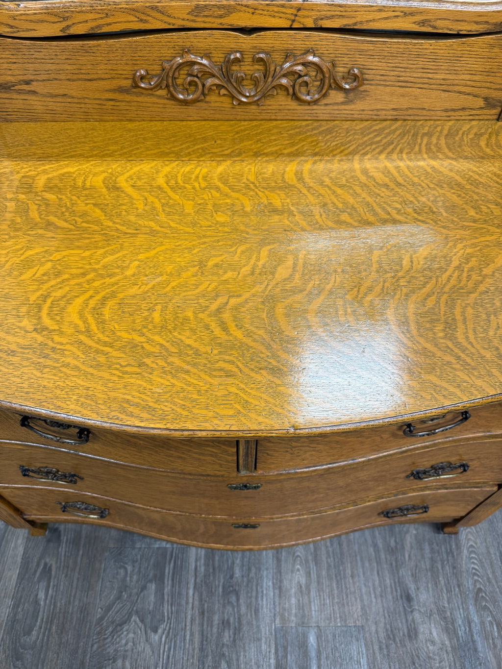 Antique Victorian Tiger Oak Serpentine Dresser with Beveled Mirror