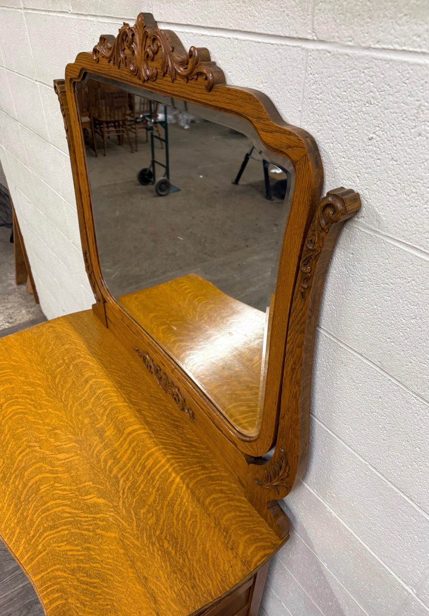 Antique Victorian Tiger Oak Serpentine Dresser with Beveled Mirror