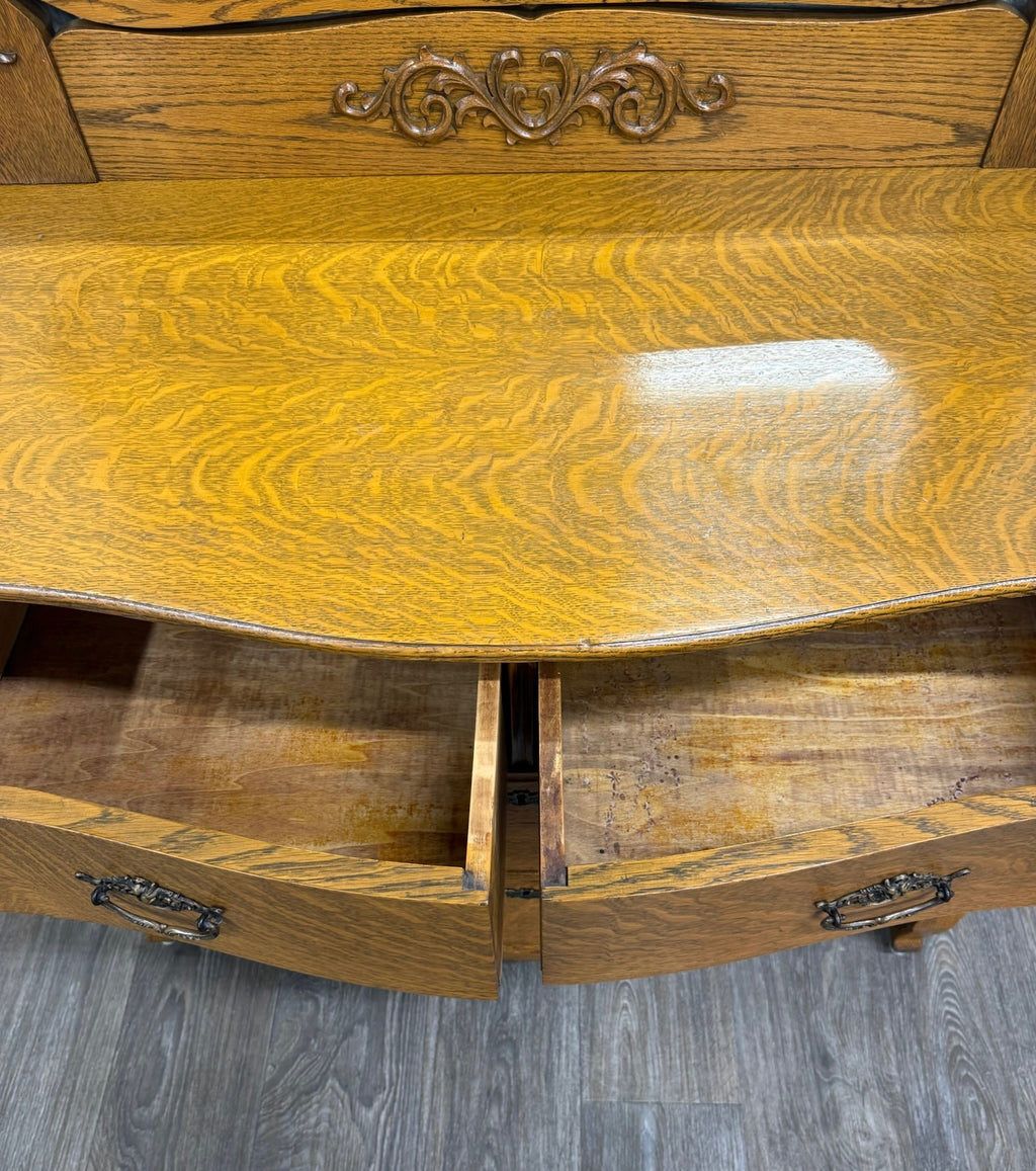 Antique Victorian Tiger Oak Serpentine Dresser with Beveled Mirror