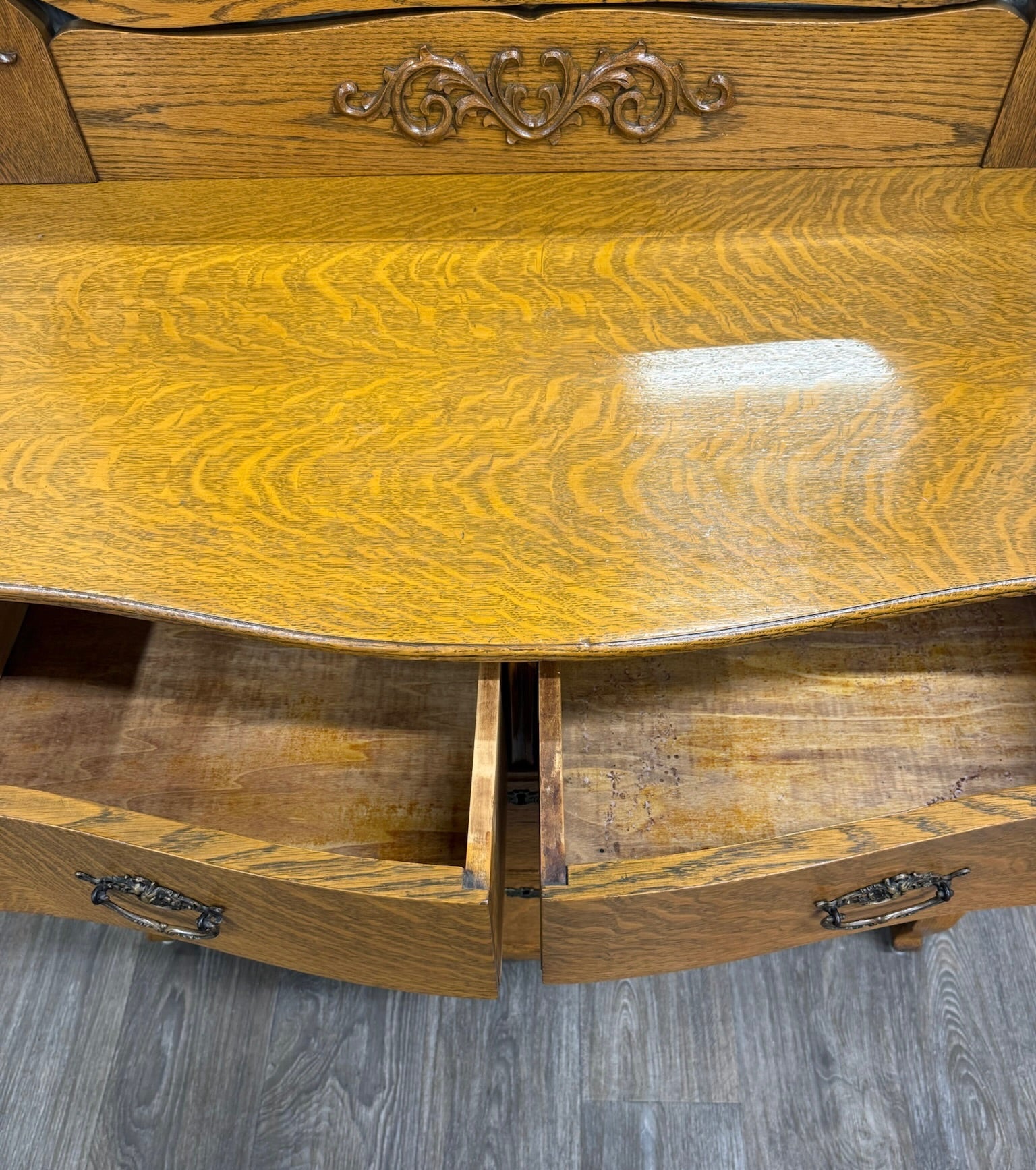 Antique Victorian Tiger Oak Serpentine Dresser with Beveled Mirror