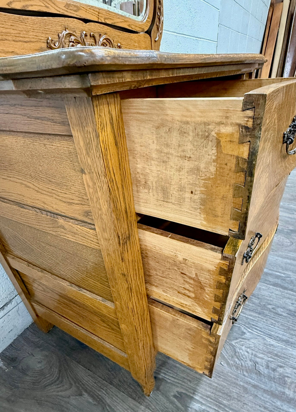 Antique Victorian Tiger Oak Serpentine Dresser with Beveled Mirror