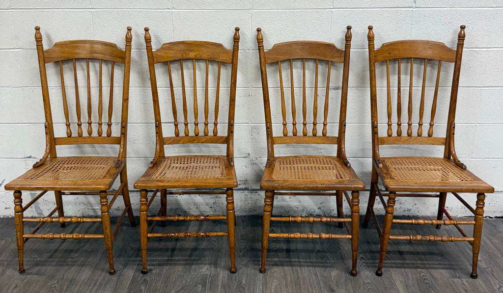 Vintage Spindle Back Caned Seat Solid Oak Dining Chairs