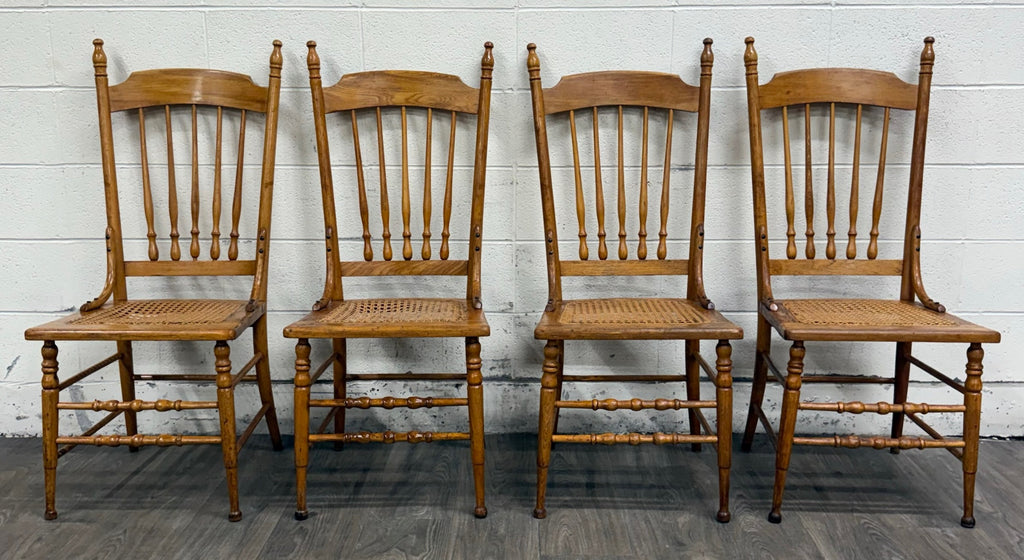 Vintage Spindle Back Caned Seat Solid Oak Dining Chairs