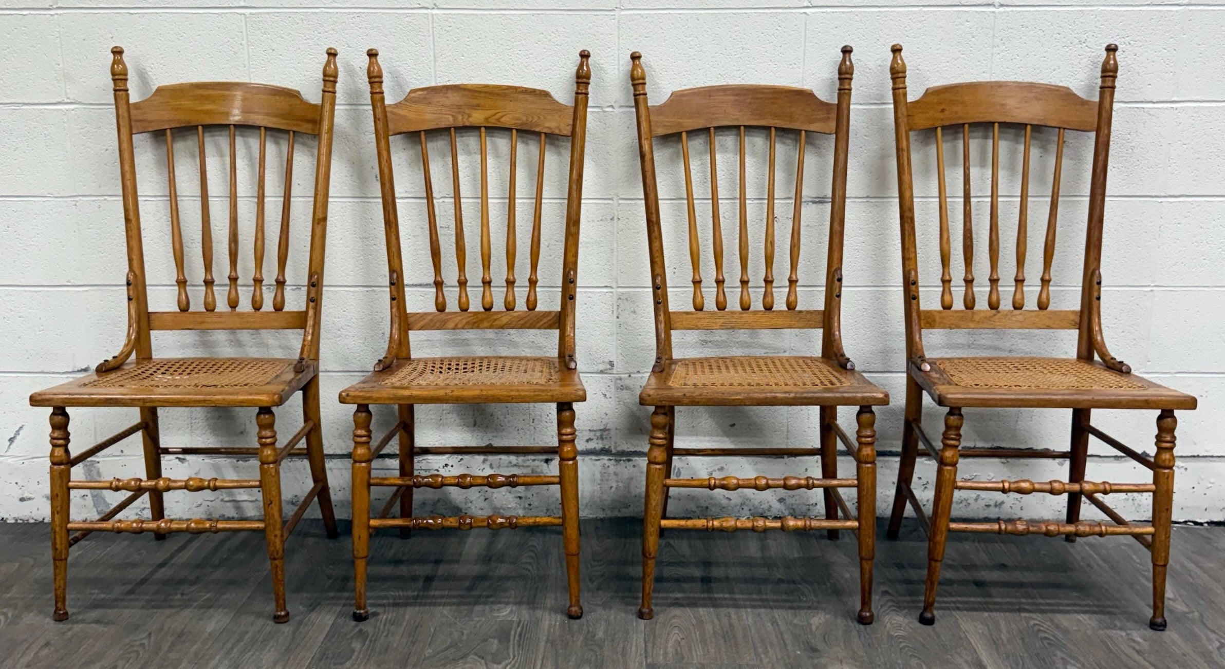 Vintage Spindle Back Caned Seat Solid Oak Dining Chairs