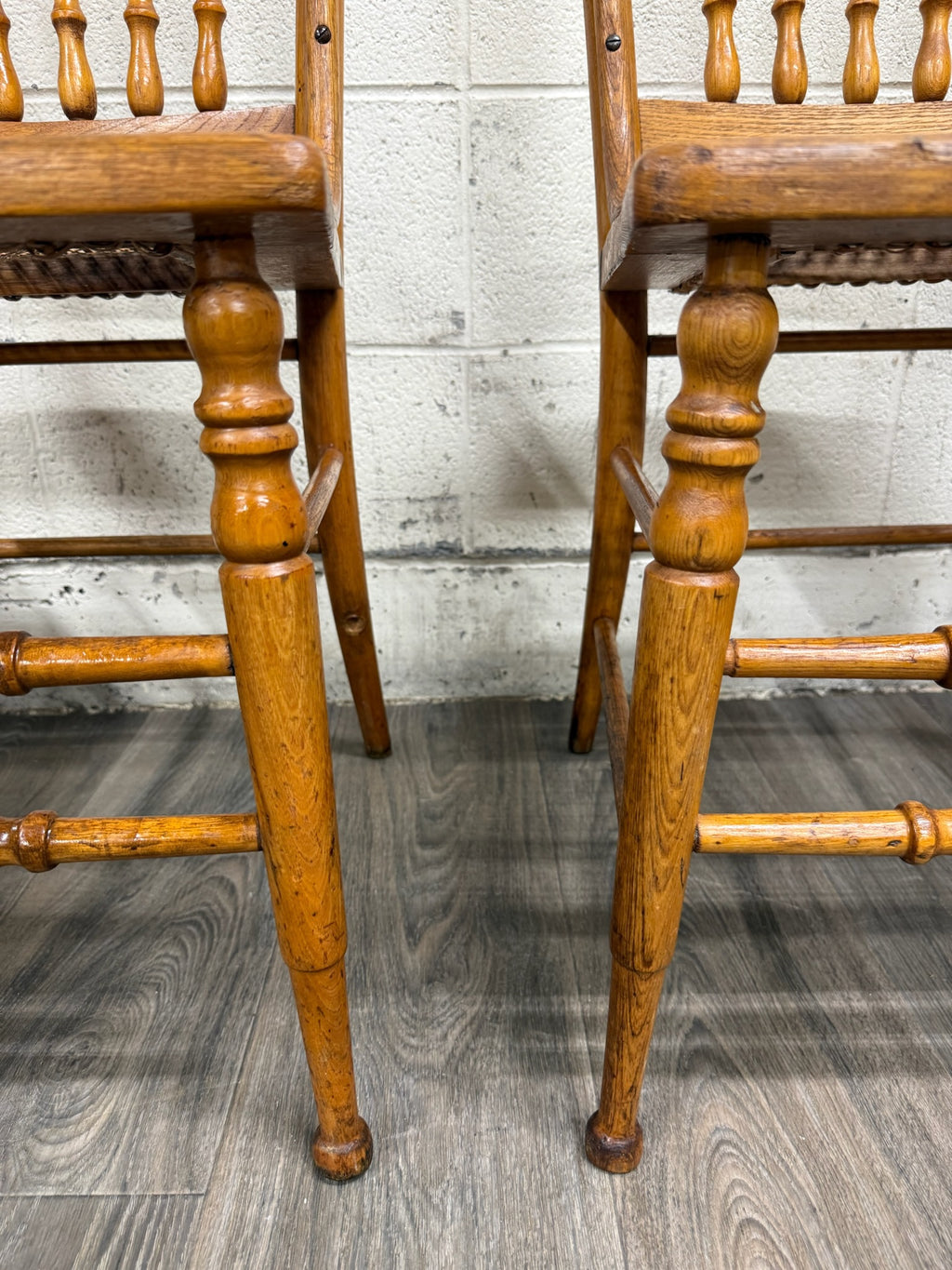 Vintage Spindle Back Caned Seat Solid Oak Dining Chairs