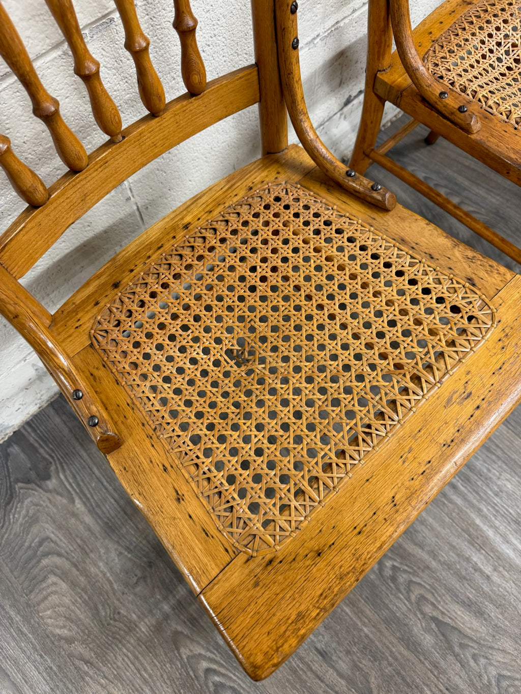 Vintage Spindle Back Caned Seat Solid Oak Dining Chairs
