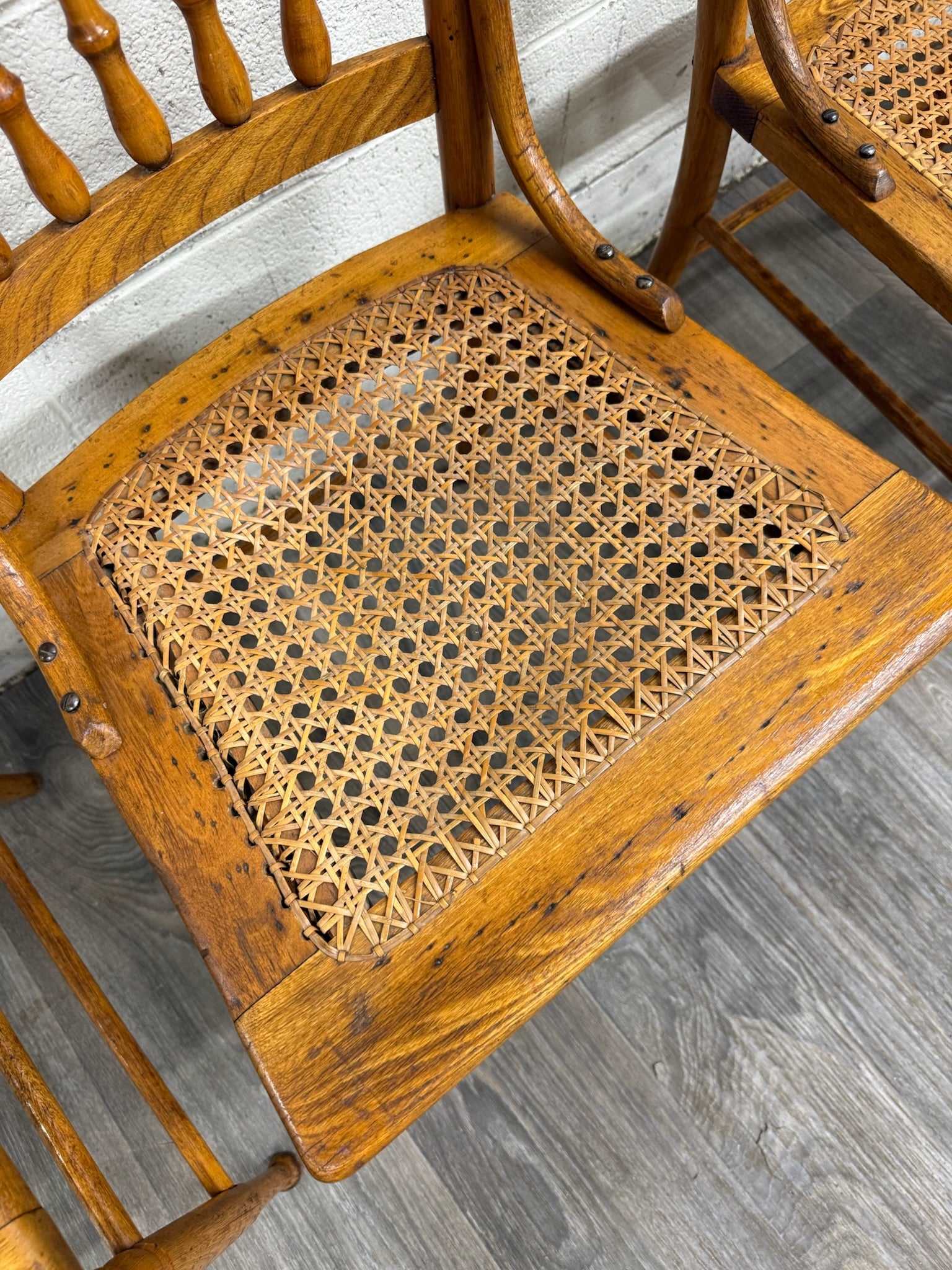 Vintage Spindle Back Caned Seat Solid Oak Dining Chairs