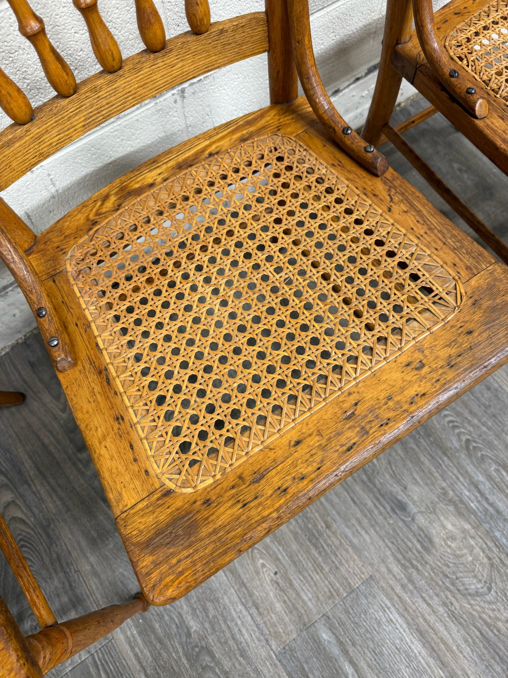 Vintage Spindle Back Caned Seat Solid Oak Dining Chairs