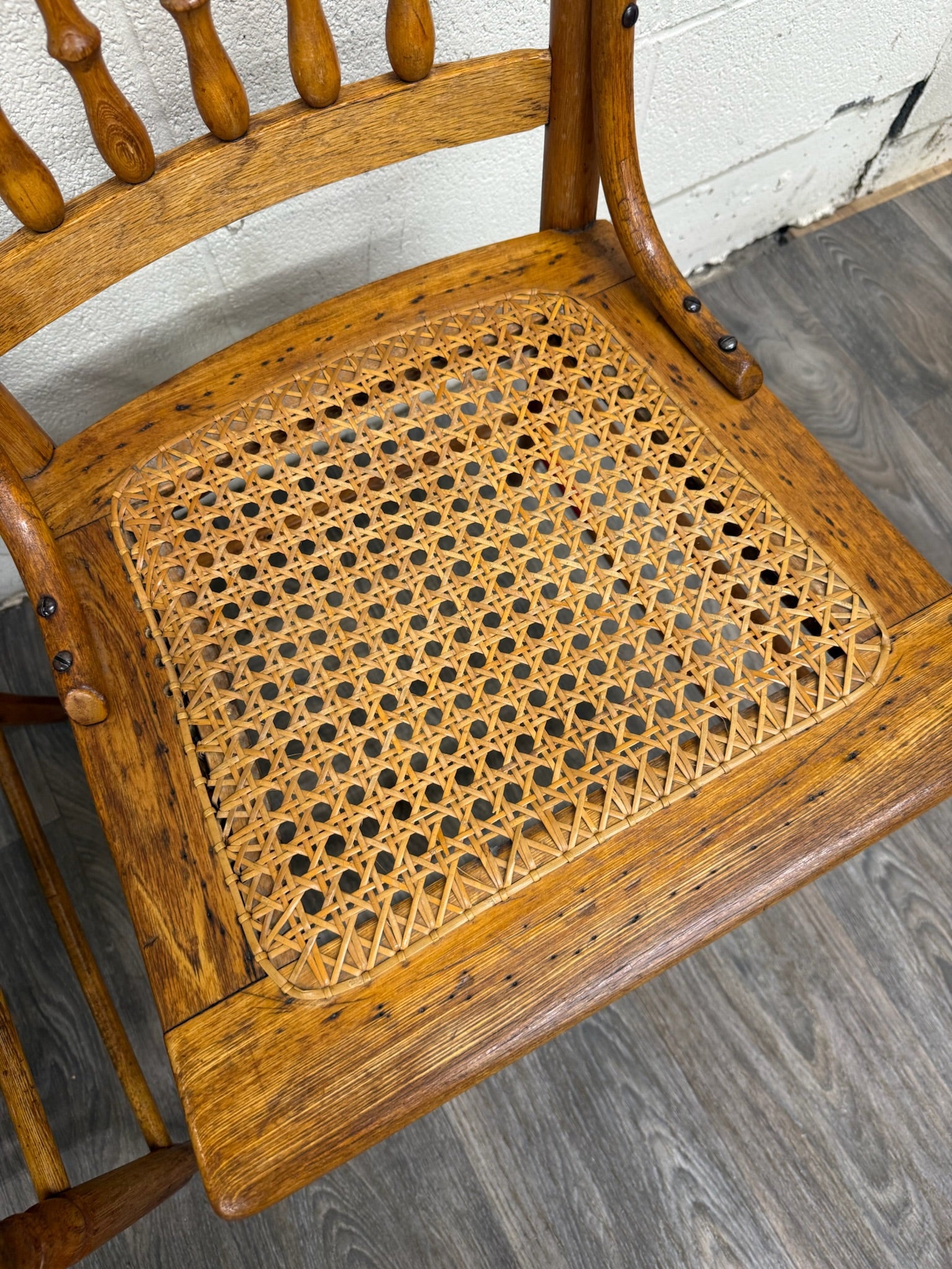 Vintage Spindle Back Caned Seat Solid Oak Dining Chairs