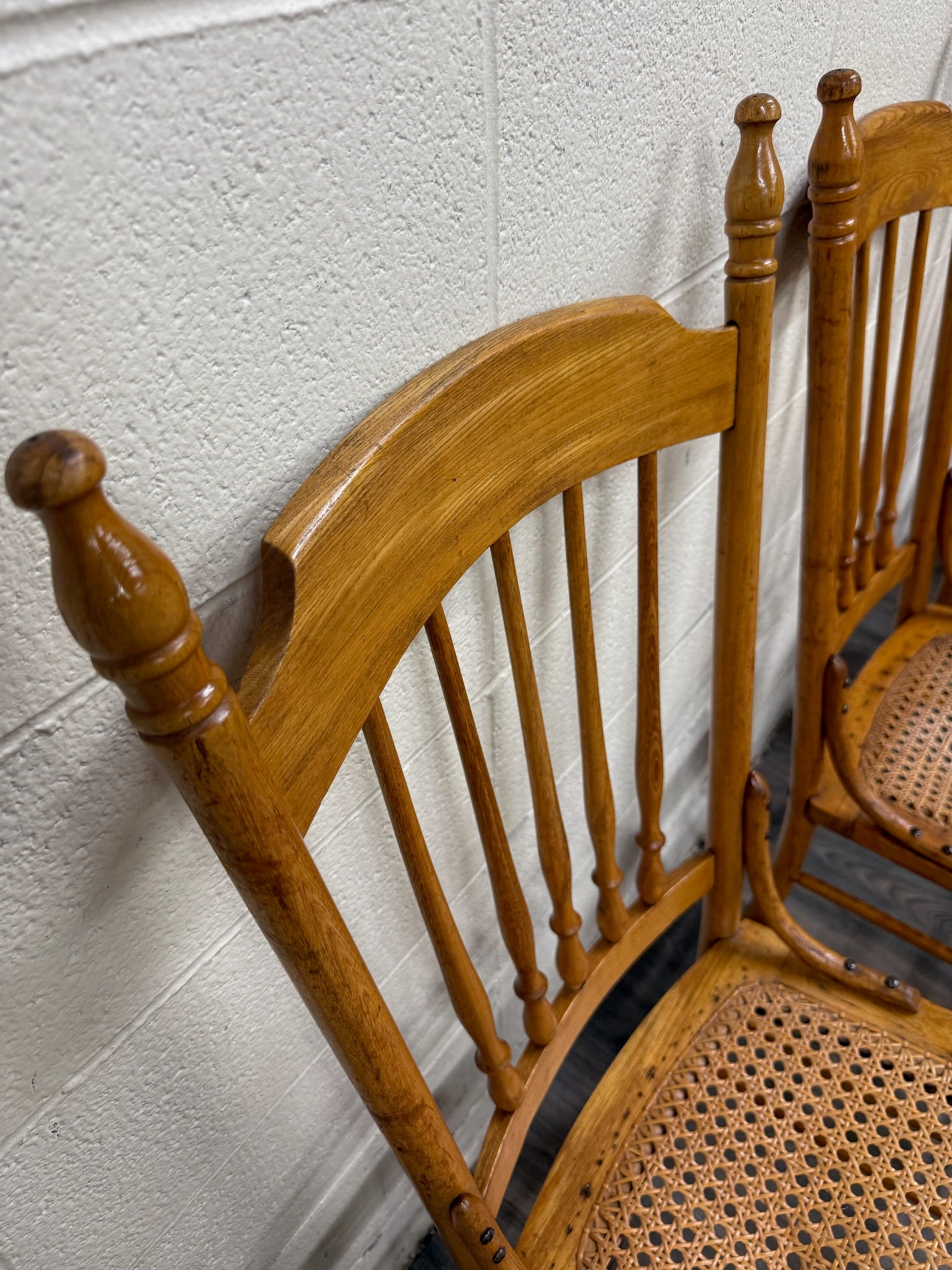 Vintage Spindle Back Caned Seat Solid Oak Dining Chairs