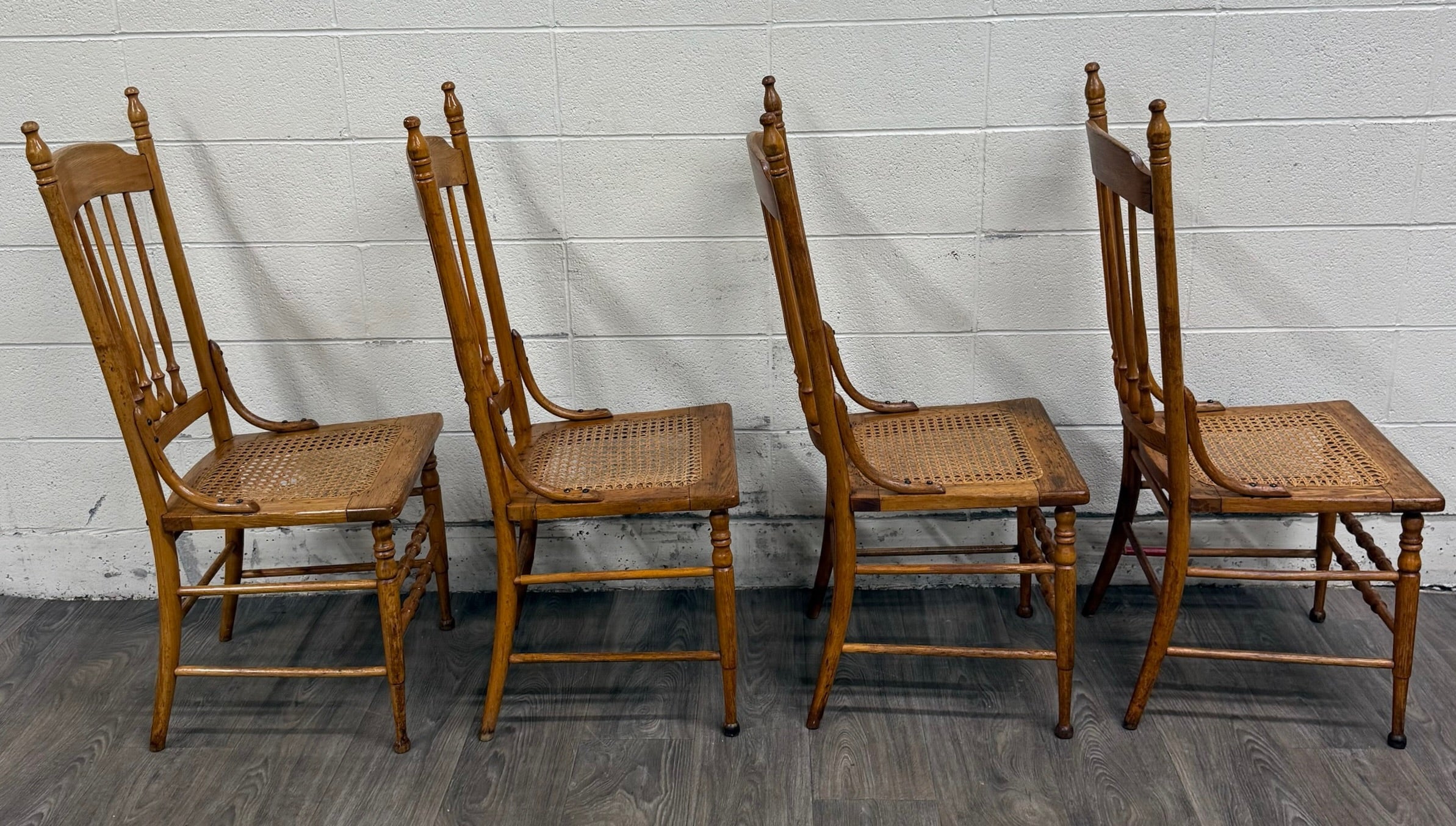 Vintage Spindle Back Caned Seat Solid Oak Dining Chairs