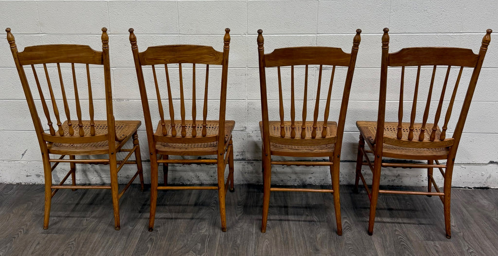 Vintage Spindle Back Caned Seat Solid Oak Dining Chairs