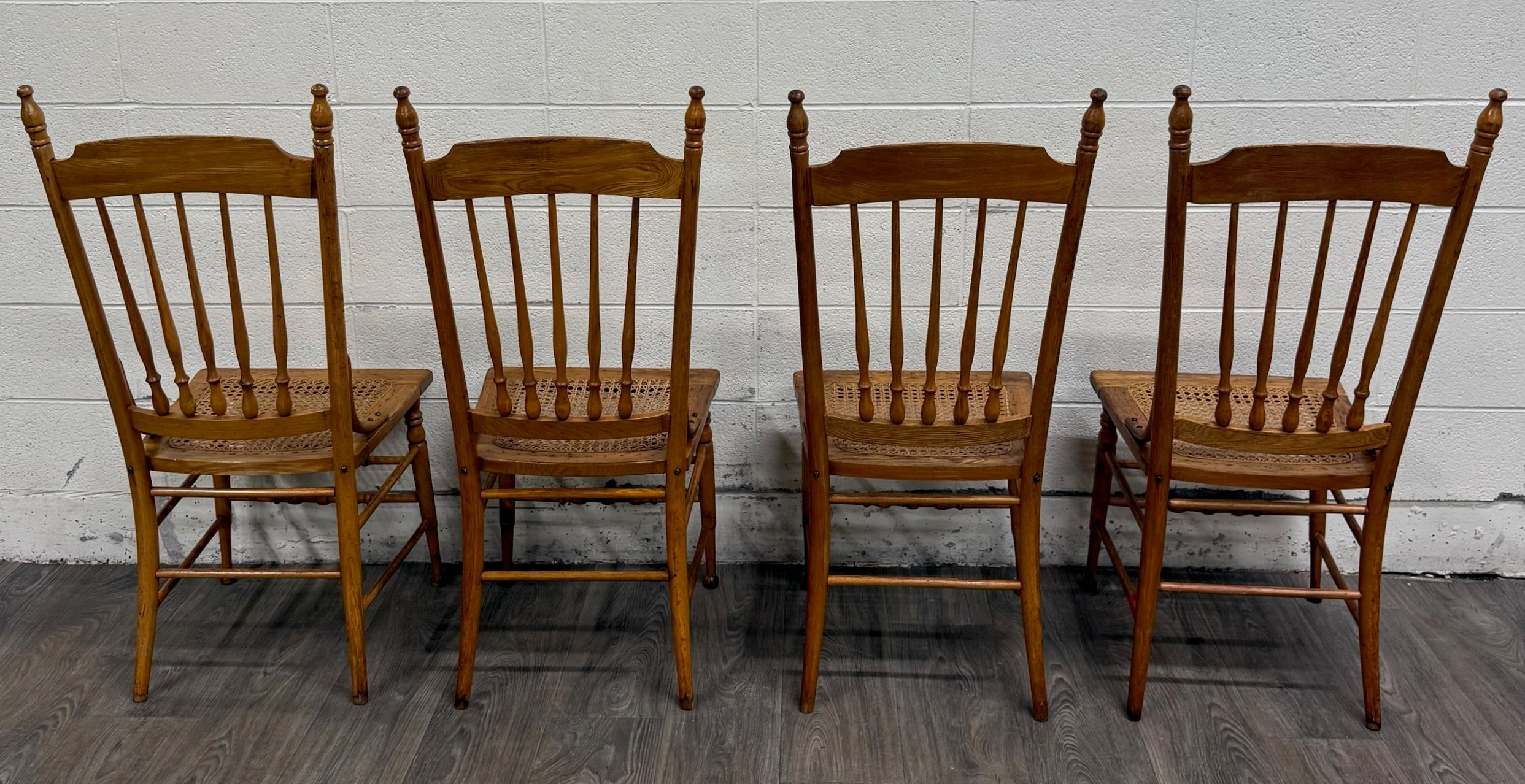 Vintage Spindle Back Caned Seat Solid Oak Dining Chairs