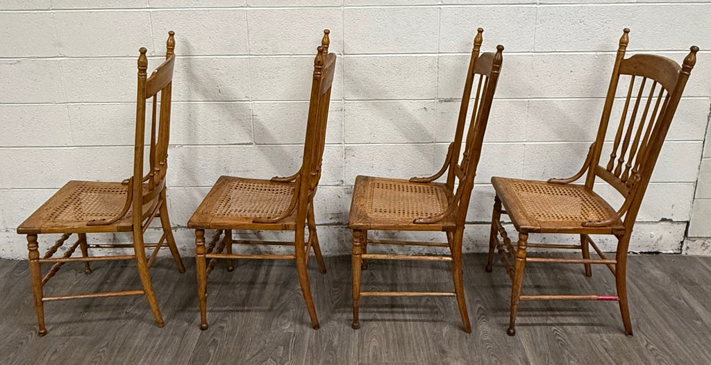 Vintage Spindle Back Caned Seat Solid Oak Dining Chairs