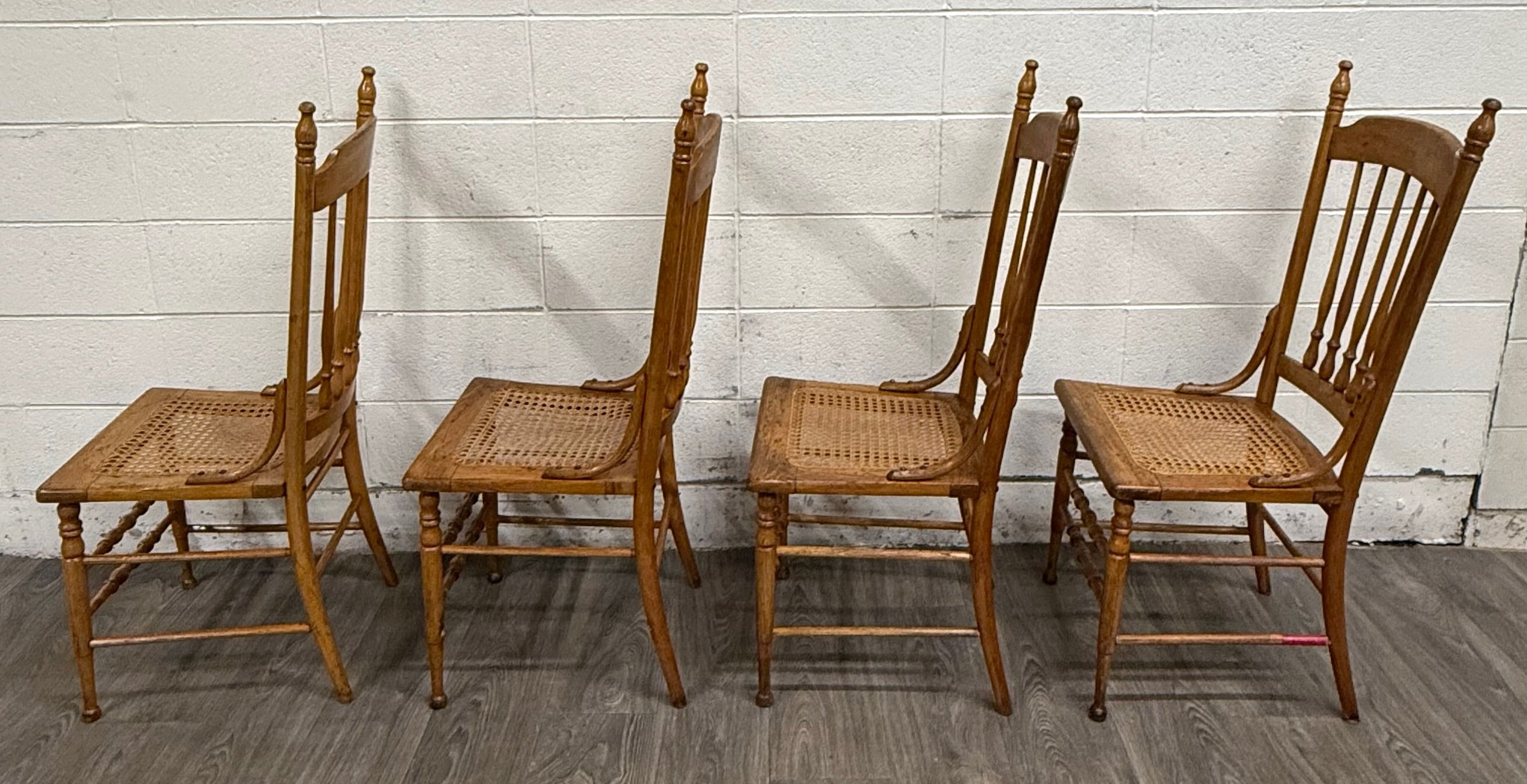Vintage Spindle Back Caned Seat Solid Oak Dining Chairs