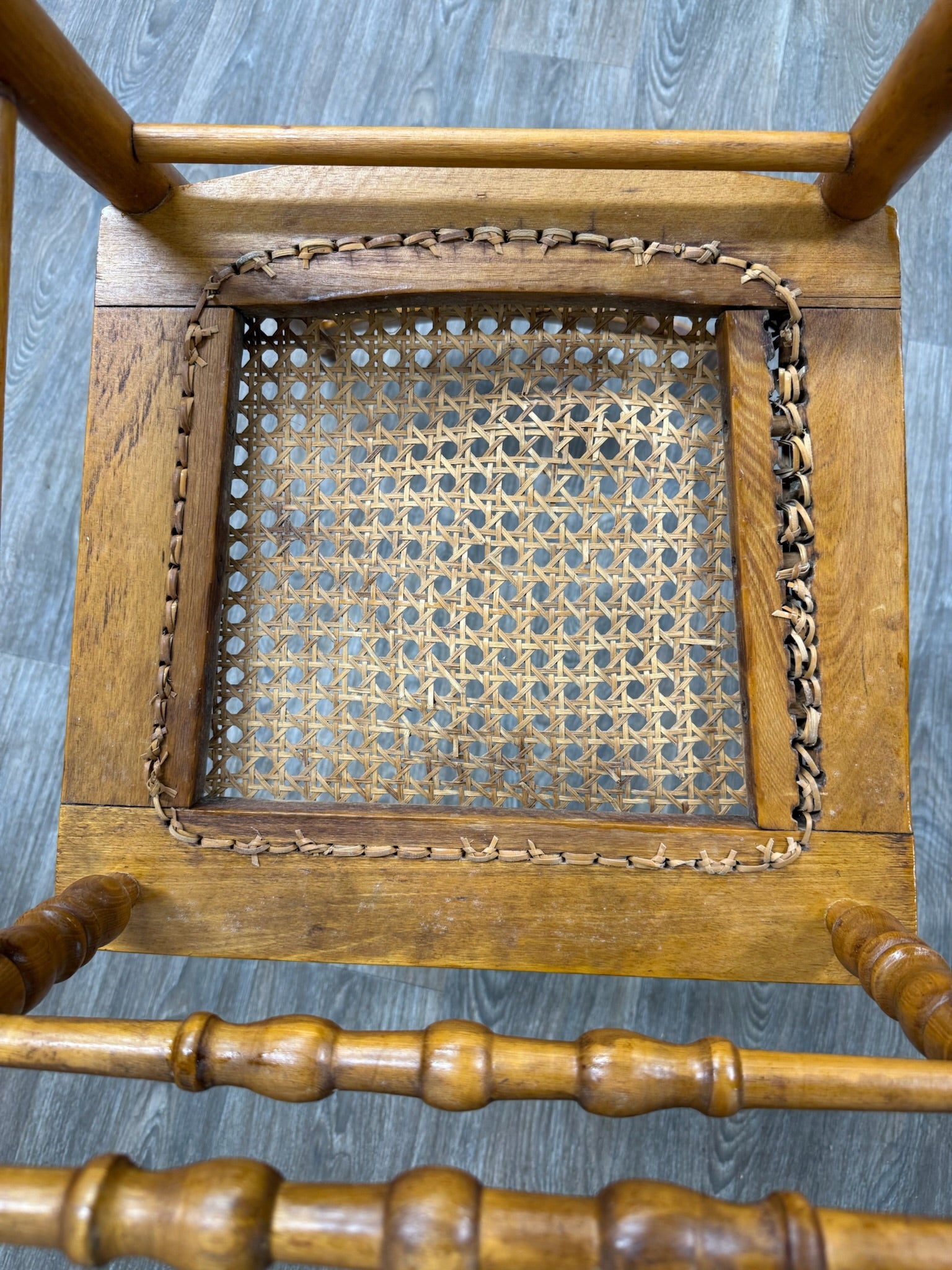 Vintage Spindle Back Caned Seat Solid Oak Dining Chairs