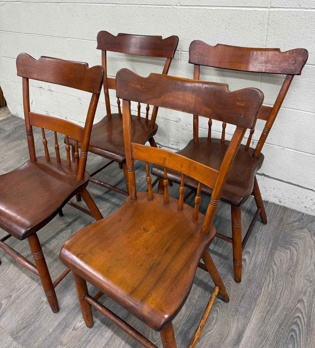 Antique American Country Farmhouse Plank Seat Dining Chairs - Set of 4
