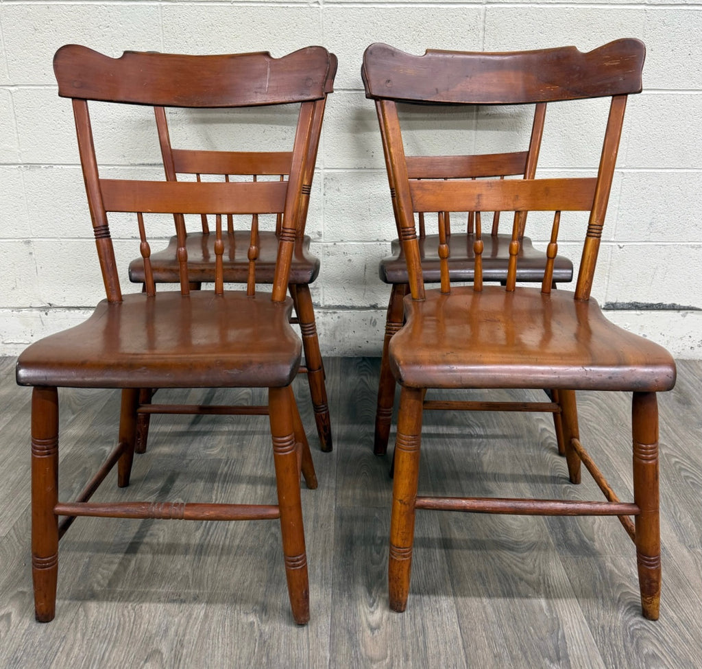 Antique American Country Farmhouse Plank Seat Dining Chairs - Set of 4