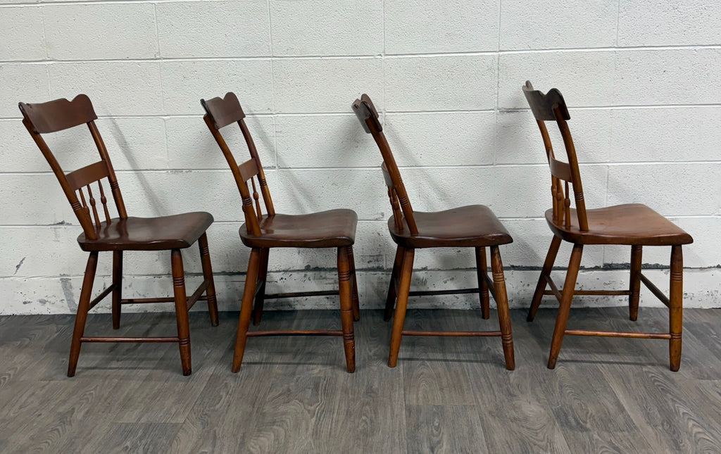 Antique American Country Farmhouse Plank Seat Dining Chairs - Set of 4