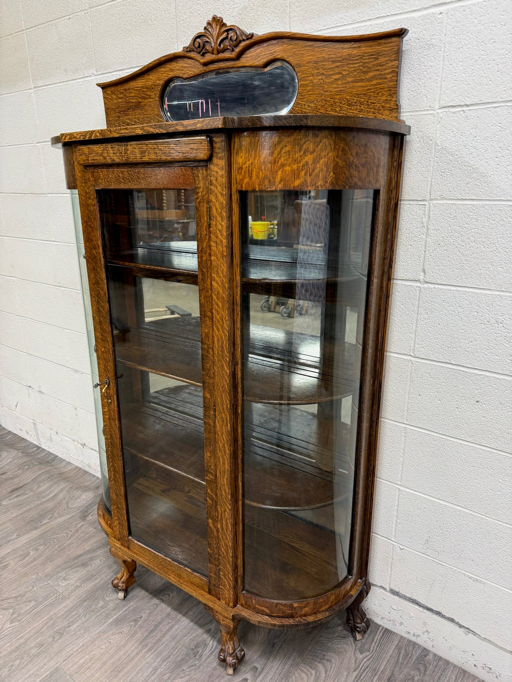 Antique Victorian Edwardian Quarter Sawn Tiger Oak Curved China Cabinet Curio