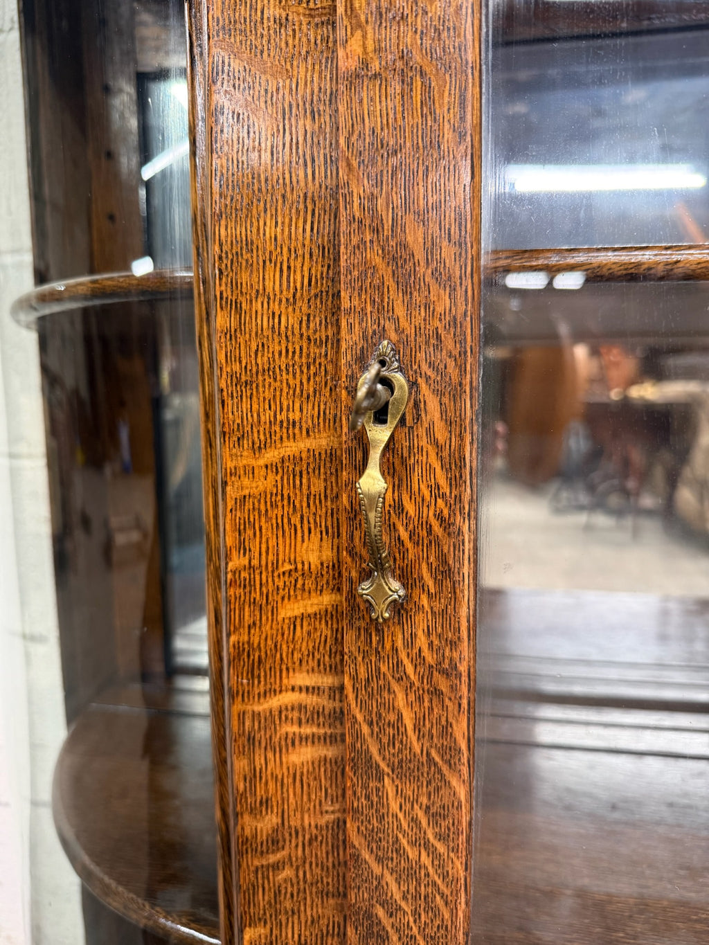 Antique Victorian Edwardian Quarter Sawn Tiger Oak Curved China Cabinet Curio
