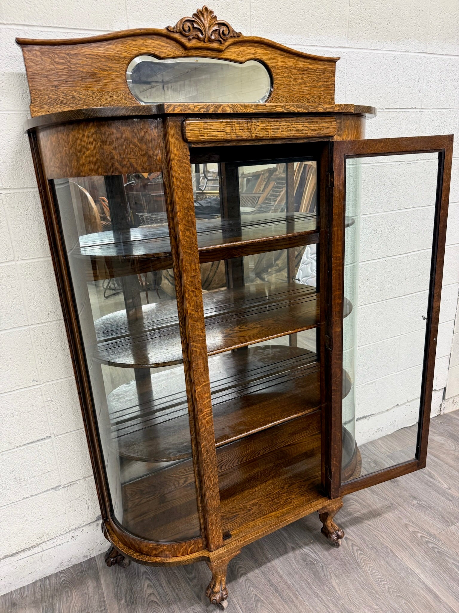 Antique Victorian Edwardian Quarter Sawn Tiger Oak Curved China Cabinet Curio