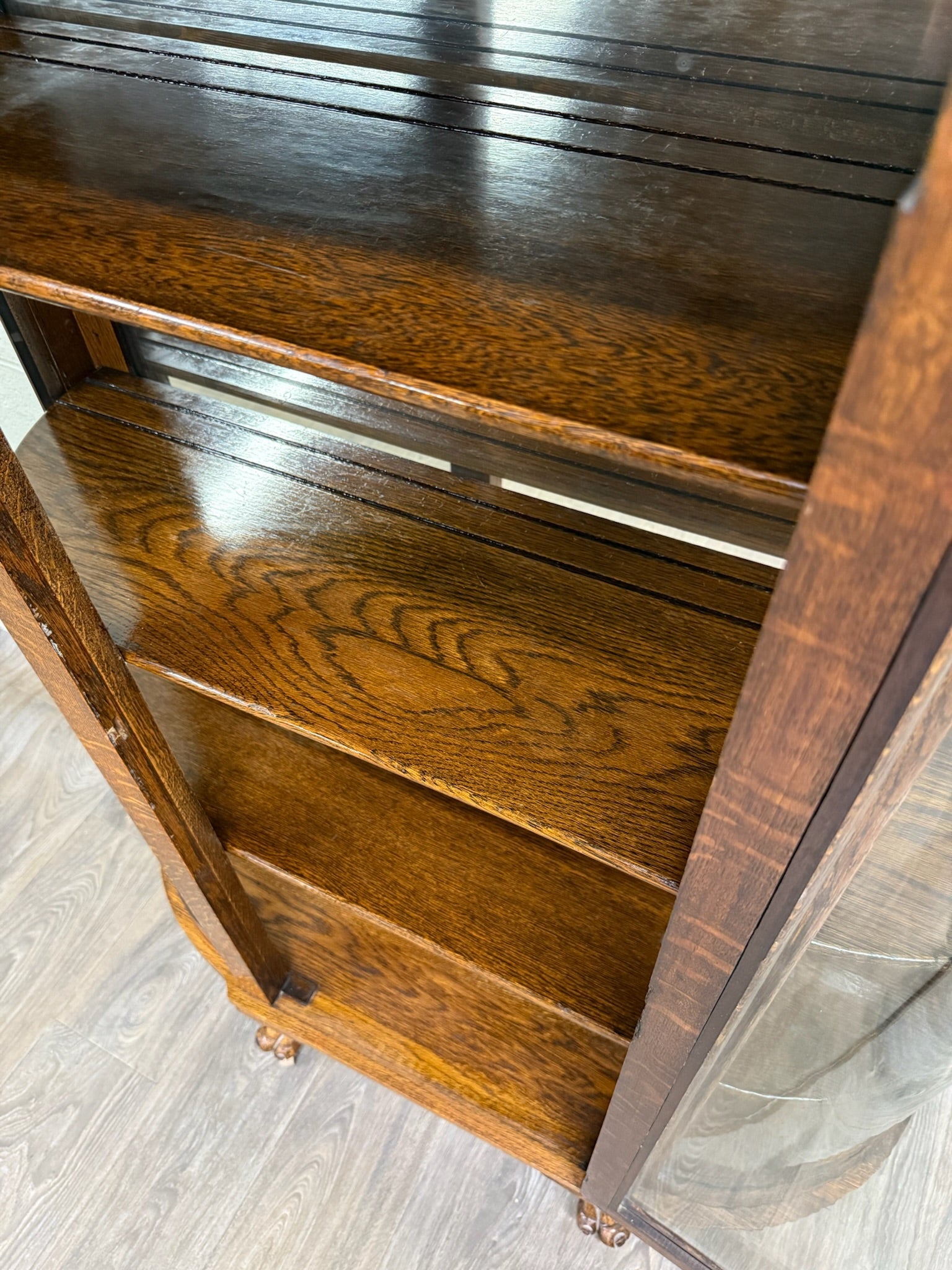 Antique Victorian Edwardian Quarter Sawn Tiger Oak Curved China Cabinet Curio