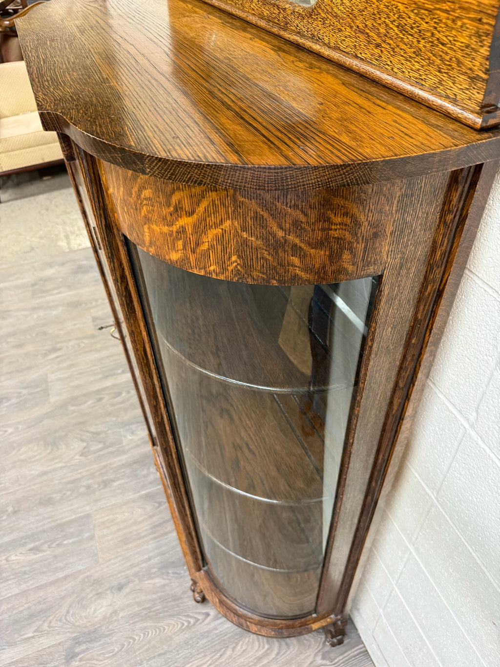Antique Victorian Edwardian Quarter Sawn Tiger Oak Curved China Cabinet Curio