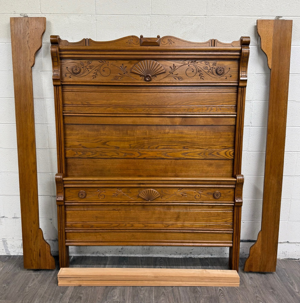 Antique Full Size Victorian Eastlake Carved Oak High Back Bed