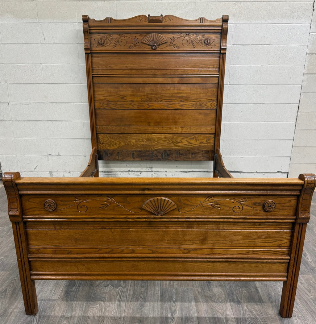 Antique Full Size Victorian Eastlake Carved Oak High Back Bed
