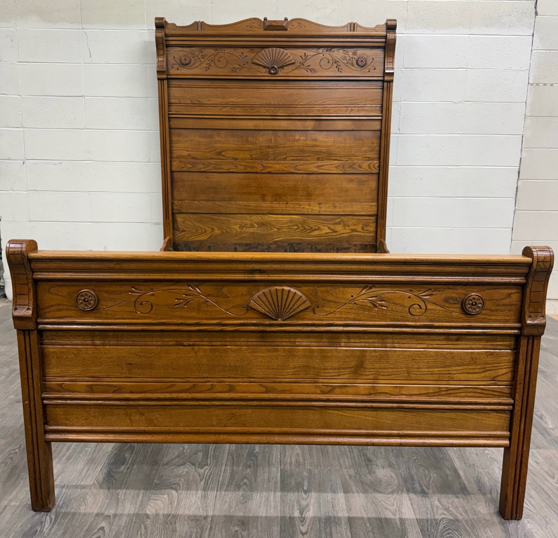 Antique Full Size Victorian Eastlake Carved Oak High Back Bed