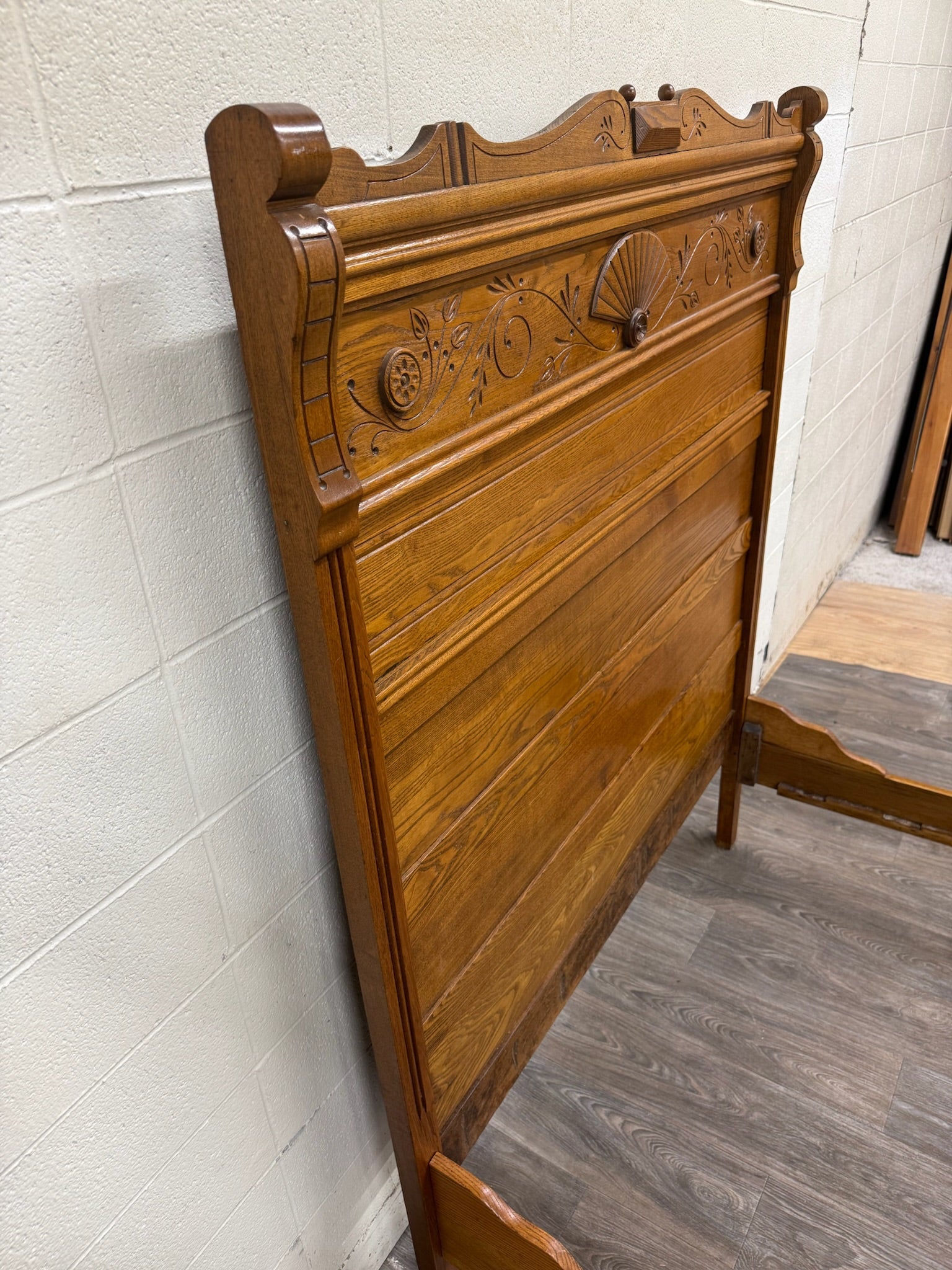 Antique Full Size Victorian Eastlake Carved Oak High Back Bed