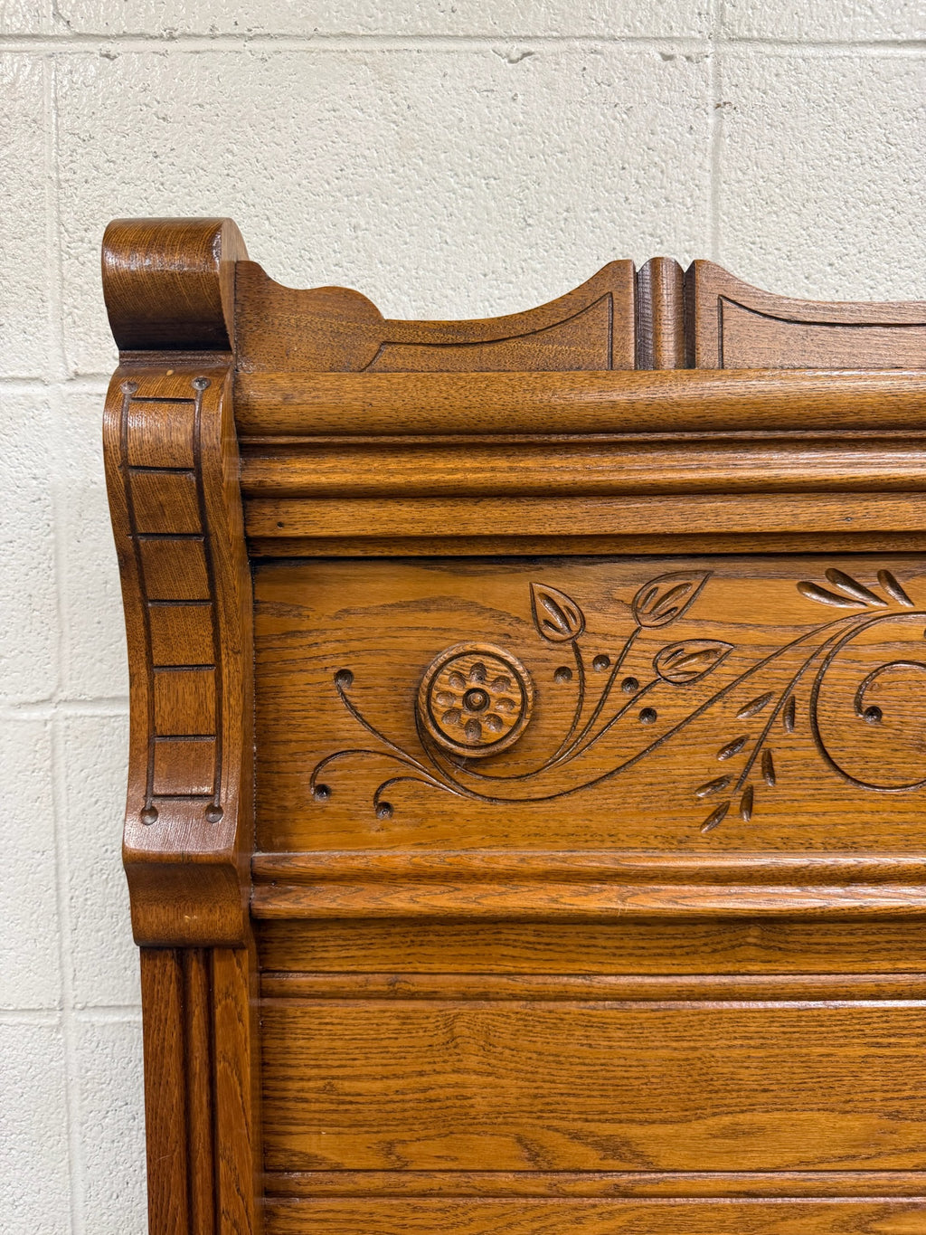 Antique Full Size Victorian Eastlake Carved Oak High Back Bed