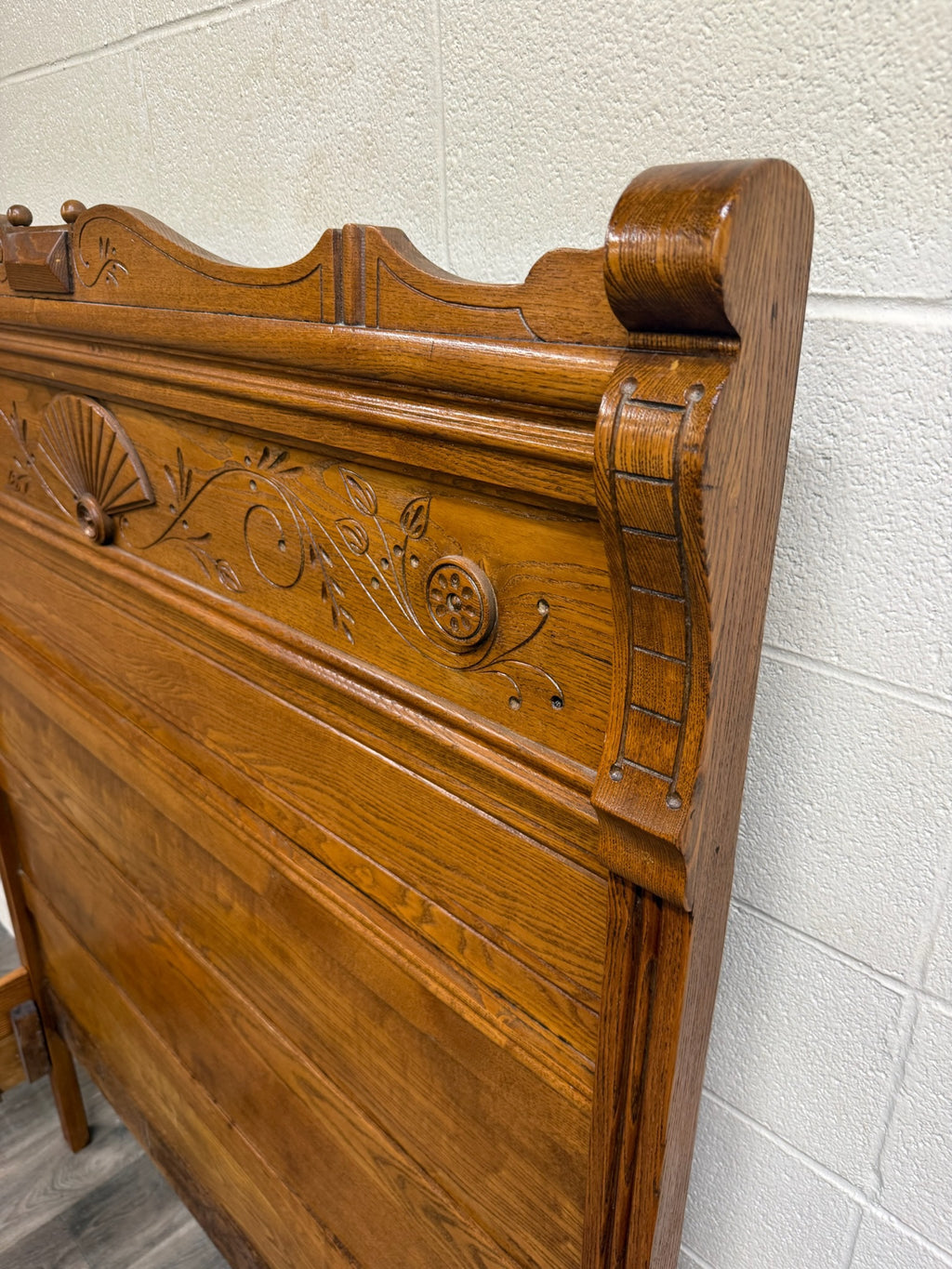 Antique Full Size Victorian Eastlake Carved Oak High Back Bed