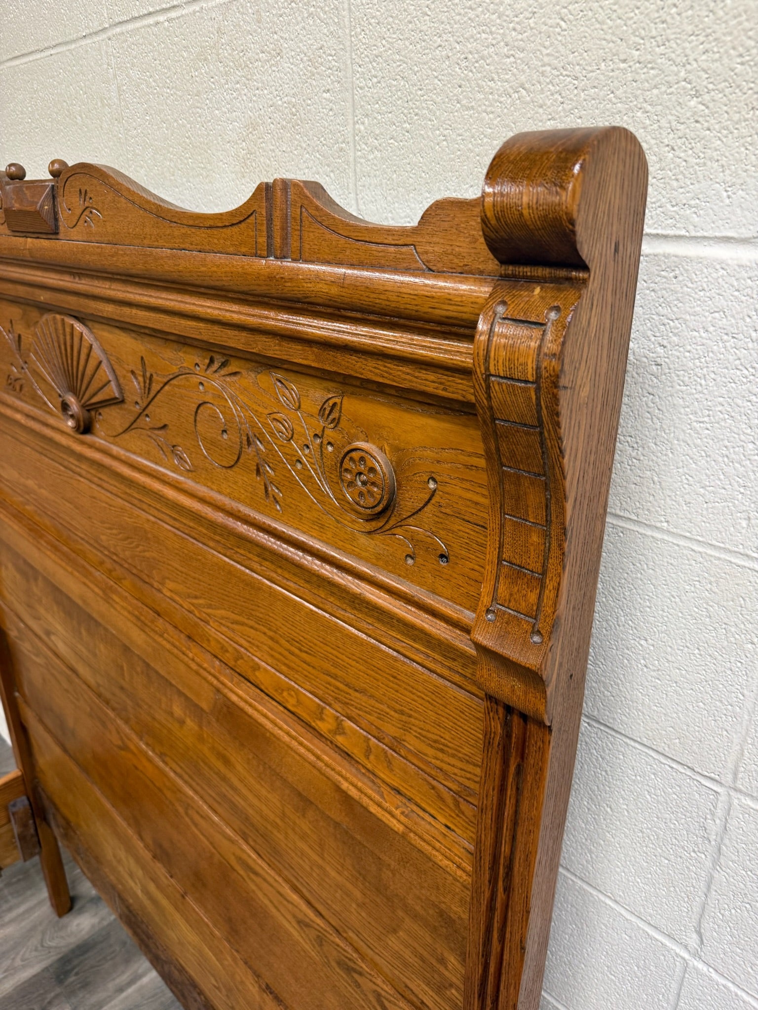 Antique Full Size Victorian Eastlake Carved Oak High Back Bed