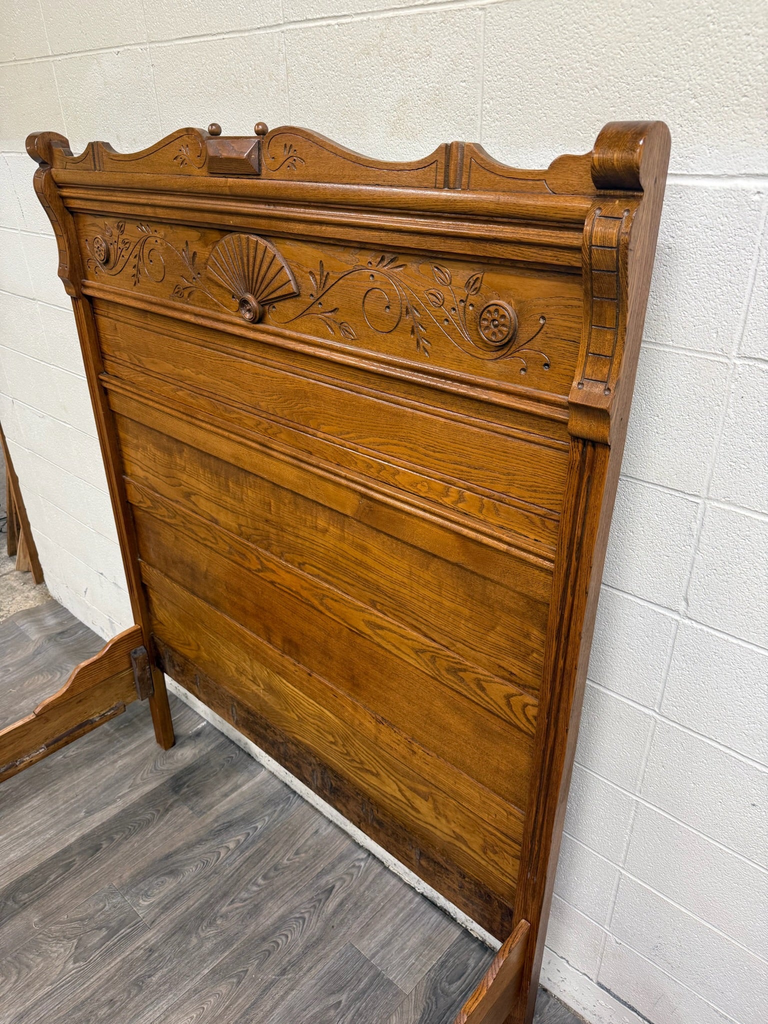 Antique Full Size Victorian Eastlake Carved Oak High Back Bed
